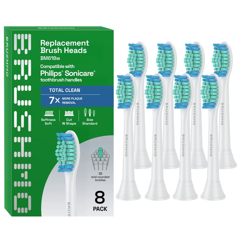 Brushmo Total Clean Replacement Toothbrush Heads Compatible with Philips Sonicare Clickon Electric Toothbrush Handles 8 Standard Replacement Heads Soft Dupont Bristles BM618 White