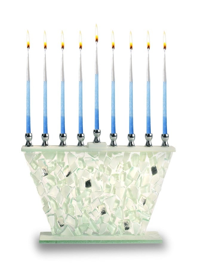 نير ميتزفه شمعدان نير ميتزفاه حانوكا - زجاج أبيض مكسور - زجاج مطلي مصنوع يدويًا - يناسب جميع شموع حانوكا القياسية - Image 1