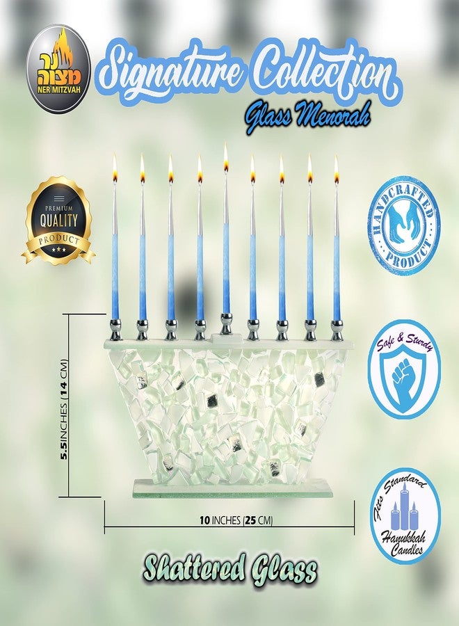 نير ميتزفه شمعدان نير ميتزفاه حانوكا - زجاج أبيض مكسور - زجاج مطلي مصنوع يدويًا - يناسب جميع شموع حانوكا القياسية - Image 3