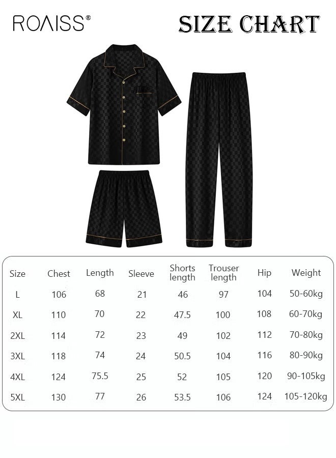 3-Piece Set Men's Short Sleeves Pajamas Pants Trousers Sleepwear Sets Satin Grid Printing Silk Nightgown Male Loose Shirts Spring Summer Loungewear Home Clothes Black