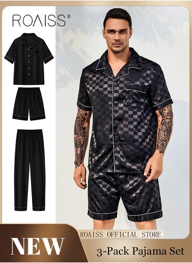 roaiss - 3-Piece Set Men's Short Sleeves Pajamas Pants Trousers Sleepwear Sets Satin Grid Printing Silk Nightgown Male Loose Shirts Spring Summer Loungewear Home Clothes Black - Image 1