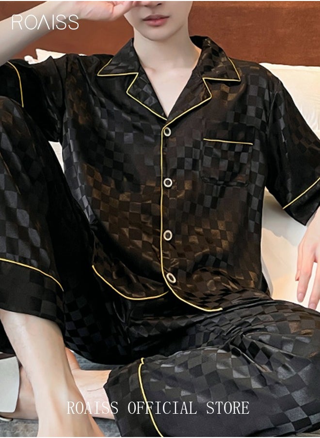 roaiss - 3-Piece Set Men's Short Sleeves Pajamas Pants Trousers Sleepwear Sets Satin Grid Printing Silk Nightgown Male Loose Shirts Spring Summer Loungewear Home Clothes Black - Image 1