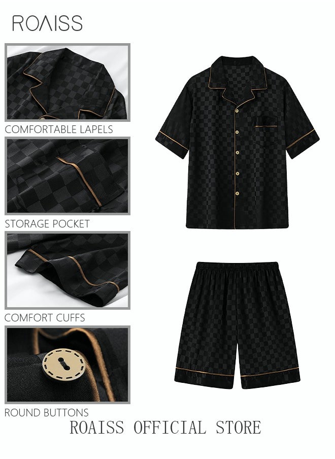 roaiss - 3-Piece Set Men's Short Sleeves Pajamas Pants Trousers Sleepwear Sets Satin Grid Printing Silk Nightgown Male Loose Shirts Spring Summer Loungewear Home Clothes Black - Image 1