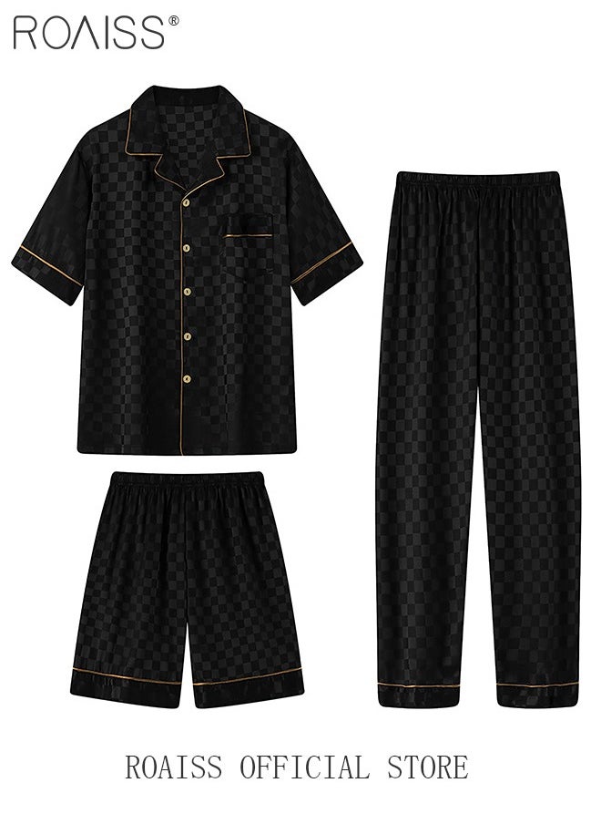roaiss - 3-Piece Set Men's Short Sleeves Pajamas Pants Trousers Sleepwear Sets Satin Grid Printing Silk Nightgown Male Loose Shirts Spring Summer Loungewear Home Clothes Black - Image 1