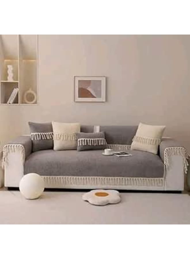 General linen sofa cover set with tassels, 10pcs, living room furniture protector, large sofa 195 * 90cm .Flo (Gray)