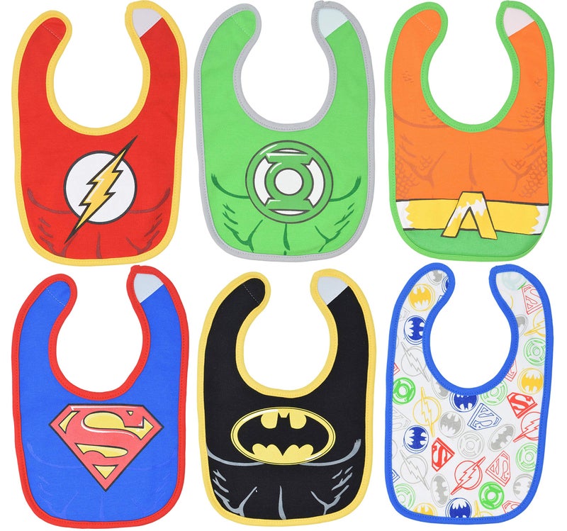 Warner Bros Justice League Baby Boys 6 Pack Bibs Superman Batman Flash Aquaman Green Lantern - Image 1