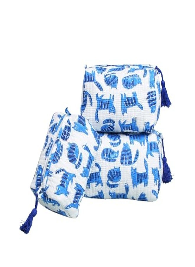 AYUDA HOMES Light Blush Travel Pouch Waterproof Cotton Storage Bag Multi-Utility Makeup, Toiletry & Cosmetic Organizer for Women | Portable Travel Essentials (Pack of 3) (Blue cat) - Image 1