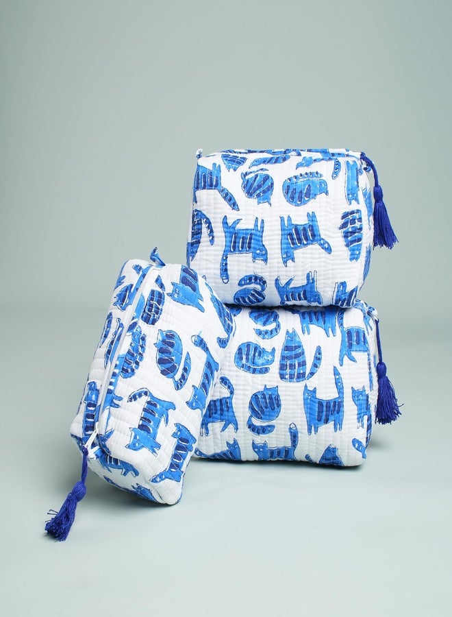 AYUDA HOMES Light Blush Travel Pouch Waterproof Cotton Storage Bag Multi-Utility Makeup, Toiletry & Cosmetic Organizer for Women | Portable Travel Essentials (Pack of 3) (Blue cat) - Image 2