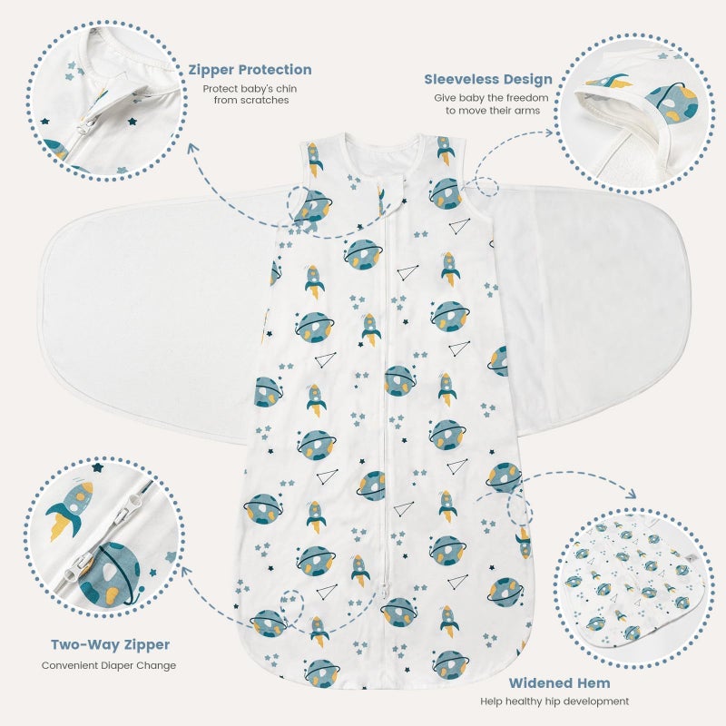 ZIGJOY Sleep Sack Swaddle 0.5 TOG Baby Wearable Blanket 100% Cotton Baby Swaddle Blanket for Newborns 0-6 Months for Boy Girl, Blue&Space - Image 2