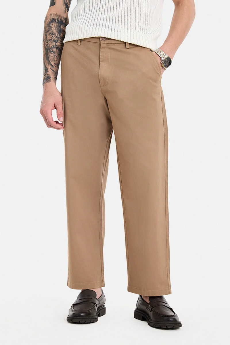 SNITCH Khaki Solid Wide Leg Casual Chinos