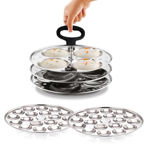 Missippi Stainless steel 3 plate idli stand + 2 Mini Idli plate + Idli lifter,2 in 1 for Regular and mini idli stand.Fits in all idli cooker & Idli pots. - Image 1