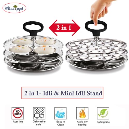 Missippi Stainless steel 3 plate idli stand + 2 Mini Idli plate + Idli lifter,2 in 1 for Regular and mini idli stand.Fits in all idli cooker & Idli pots. - Image 2