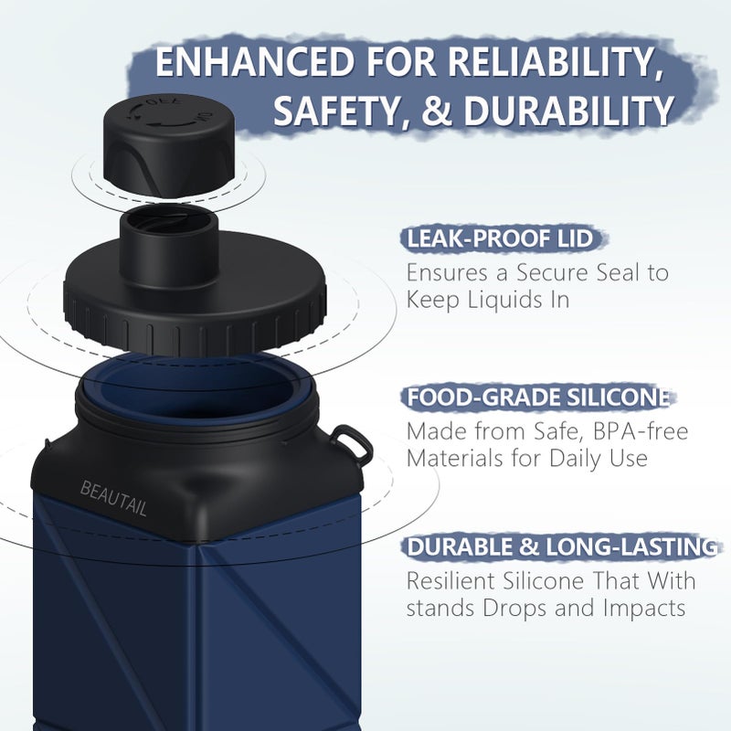 BEAUTAIL Collapsible Water Bottles, Silicone Foldable Water Bottle 610ml, BPA-Free Portable Reusable Leakproof Bottle for Gym Travel Camping Hiking Sports Outdoor, 1 Pack (Dark Blue) - Image 3