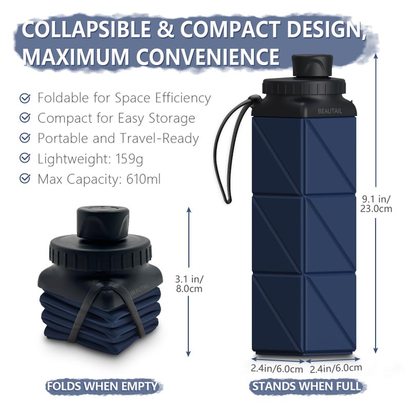 BEAUTAIL Collapsible Water Bottles, Silicone Foldable Water Bottle 610ml, BPA-Free Portable Reusable Leakproof Bottle for Gym Travel Camping Hiking Sports Outdoor, 1 Pack (Dark Blue) - Image 2