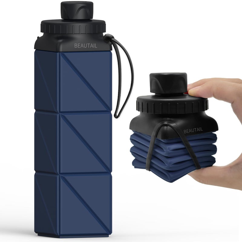 BEAUTAIL Collapsible Water Bottles, Silicone Foldable Water Bottle 610ml, BPA-Free Portable Reusable Leakproof Bottle for Gym Travel Camping Hiking Sports Outdoor, 1 Pack (Dark Blue) - Image 1
