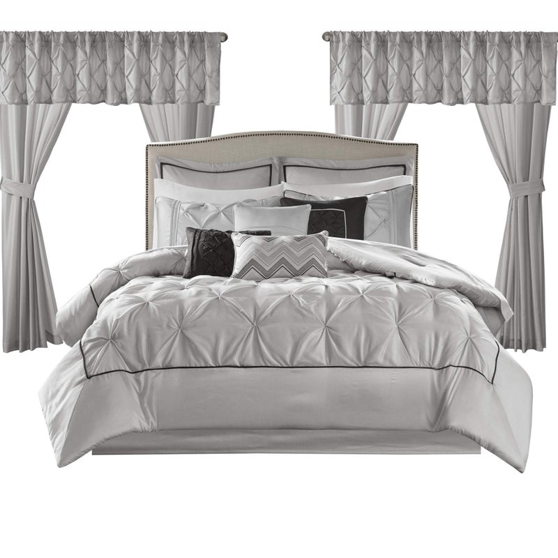 madison park Madison Park Essentials Room in a Bag Faux Silk Comforter Set  Luxe Diamond Tufting All Season Bedding Matching Curtains Decorative Pillows Grey King104x92 24 Piece 