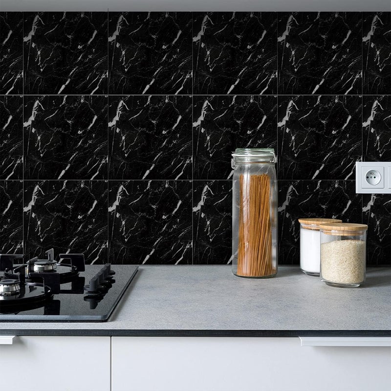 Alwayspon Peel & Stick Floor Tiles, Black & White Marble Effect, 20cmX20cmX12Pcs - Image 2