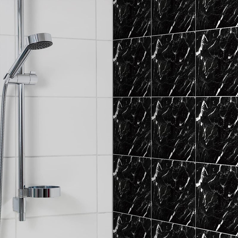 Alwayspon Peel & Stick Floor Tiles, Black & White Marble Effect, 20cmX20cmX12Pcs - Image 3