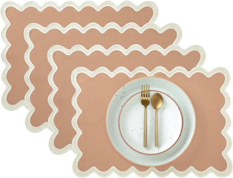 Folkulture Placemats Set of 4  13 x 19 100 Cotton Rustic Place Mats  Heat Resistant Table Mats for Dining Table Decor  Boho Placemats Scalloped Kitchen Mats or Table Placemats Sand - Image 1