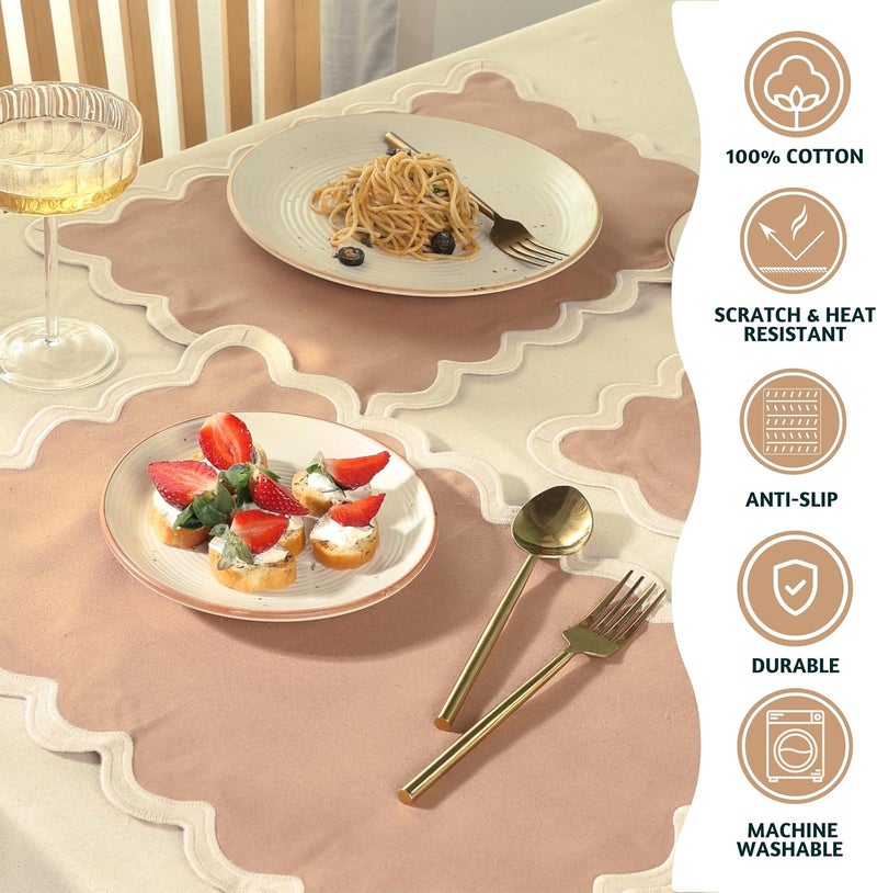 Folkulture Placemats Set of 4  13 x 19 100 Cotton Rustic Place Mats  Heat Resistant Table Mats for Dining Table Decor  Boho Placemats Scalloped Kitchen Mats or Table Placemats Sand - Image 2