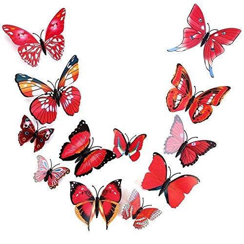 PINDIA Decorative Beautiful DIY 3D Butterfly Removable PVC Home Wall Decor Magnet Wall Sticker (Red Color, Random Design), Set of 12 Pc - Image 4