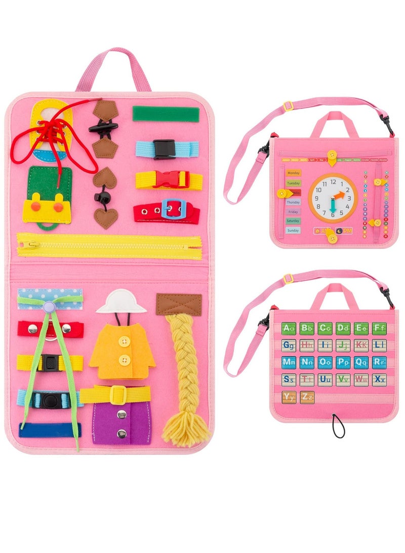 Y&D Busy Board, 27 in 1 DIY Portable Felt Dressing Button Learning Board Early Educational Sensory Brain Toys for 2 3 4 Years Old Boys Girls Preschoolers(Pink)  - Image 1