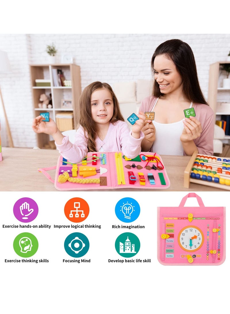 Y&D Busy Board, 27 in 1 DIY Portable Felt Dressing Button Learning Board Early Educational Sensory Brain Toys for 2 3 4 Years Old Boys Girls Preschoolers(Pink)  - Image 2