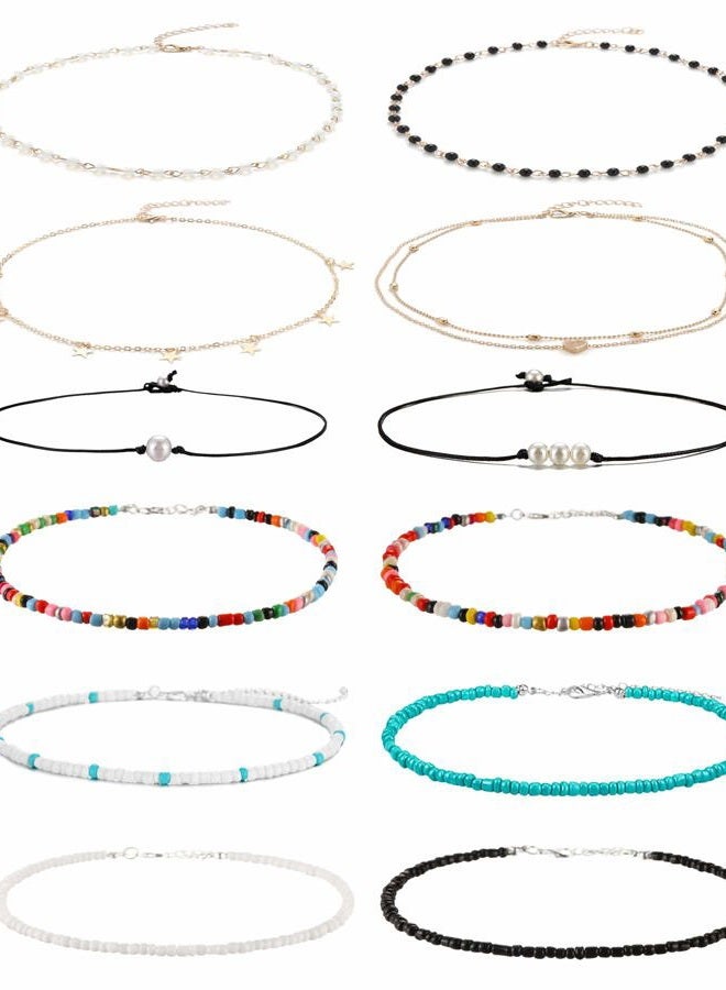Wremily 4-12 Pieces Beaded Choker Necklaces for Women Girls Boho Seed Bead Choker Set Hawaiian Handmade Turquoise Beach Beads Necklace Chain Jewelry - Image 1