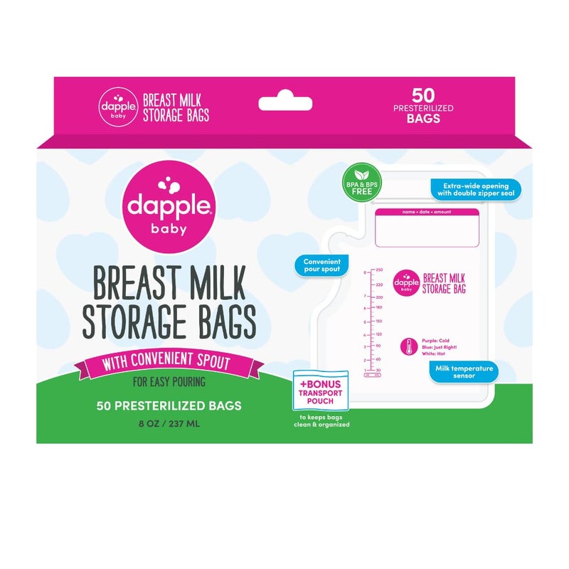 Dapple Breast Milk Storage Bags with East Pour Spout, Leakproof Double Zipper, BPA-Free, Pre-Sterilized, Temperature Sensor, Freezer-Safe, Pump Directly Into Bag, 8oz, 50ct - Image 1