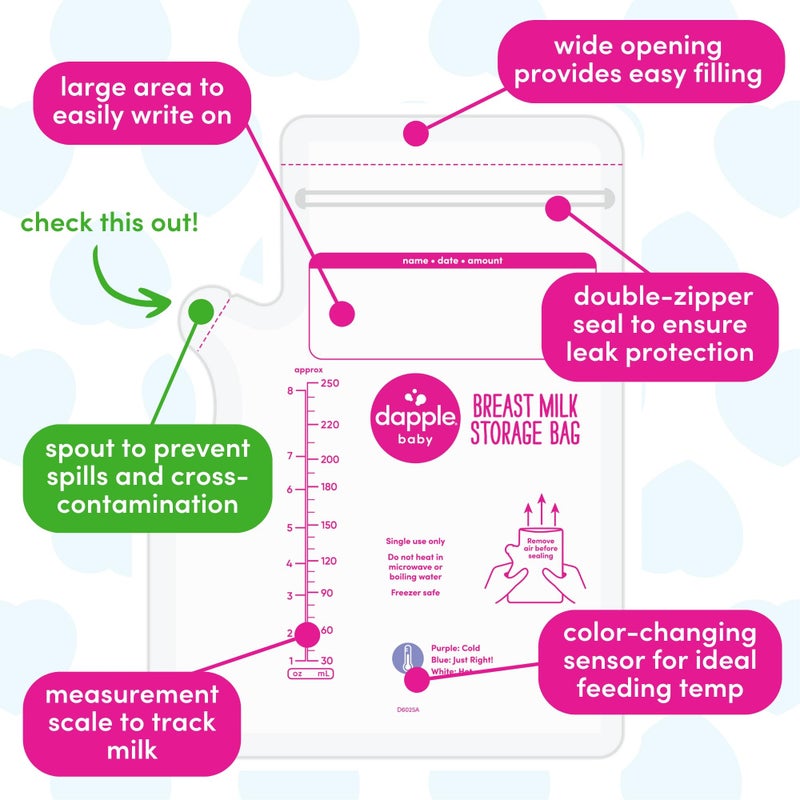 Dapple Breast Milk Storage Bags with East Pour Spout, Leakproof Double Zipper, BPA-Free, Pre-Sterilized, Temperature Sensor, Freezer-Safe, Pump Directly Into Bag, 8oz, 50ct - Image 3