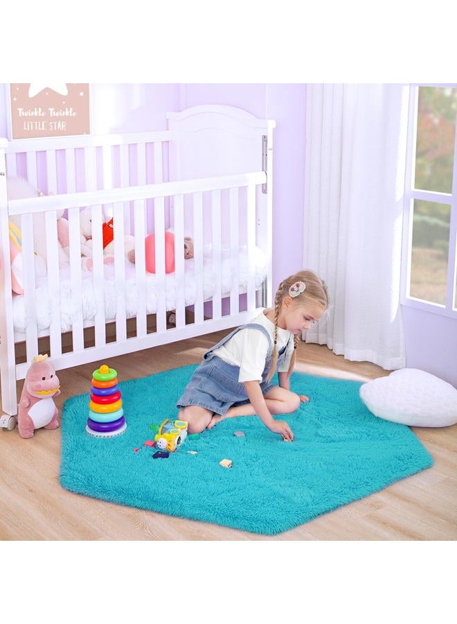 junovo Ultra Soft Rug for Nursery Children Room Baby Room Home Decor Dormitory Hexagon Carpet for Playhouse Princess Tent Kids Play Castle, Diameter 4.6 ft, Teal Blue - Image 1