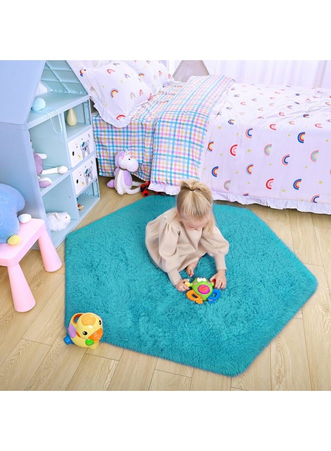 junovo Ultra Soft Rug for Nursery Children Room Baby Room Home Decor Dormitory Hexagon Carpet for Playhouse Princess Tent Kids Play Castle, Diameter 4.6 ft, Teal Blue - Image 4