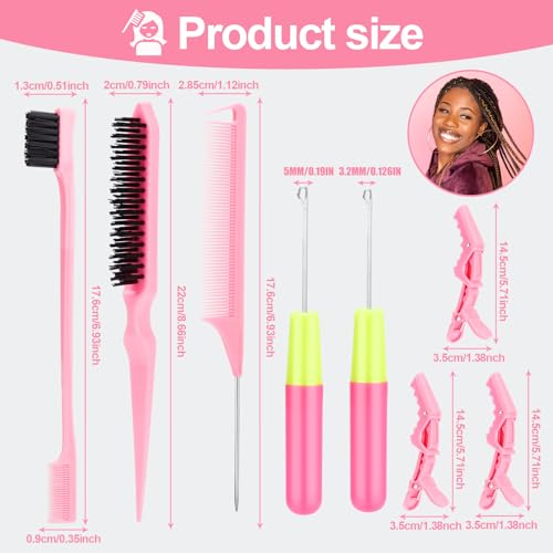 SWEET VIEW Hair Crochet Hooks Set - 2 Crochet Needles, Edge Brush, Bristle Brush, Rat Tail Comb, 3 Gator Clips for Passion Twist Hair Extensions - Image 2