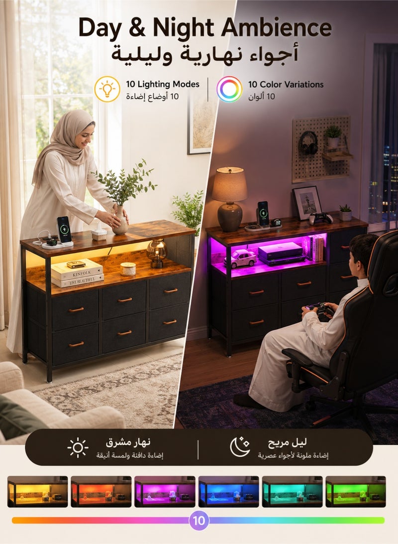 قف طاولة تلفزيون مع إضاءة RGB LED ومنفذ شحن، خزانة تخزين بـ 6 أدراج قماشية، وحدة تلفزيون مقاس 52 بوصة مناسبة حتى 60 بوصة، رف مفتوح، سطح خشبي، هيكل معدني، أسود وبني خشبي - Image 5