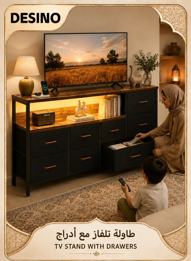 DESINO TV Stand with 7 Fabric Drawers, 132×30×90cm Media Console Cabinet with LED Light Strip and Built-in Charging Station, Open Storage Shelf, Metal Frame TV Cabinet for Living Room Bedroom, Rustic Brown/Black - Image 1