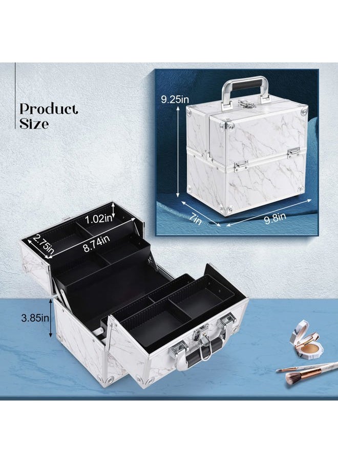 FRENESSA - Frenessa Marble Leather Makeup Train Case Portable Cosmetic Case 4 Trays Storage Organizer for Make Up Nail Tech Crafter Makeup Tools Cosmetic Case Marble - Image 1