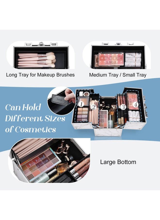 FRENESSA - Frenessa Marble Leather Makeup Train Case Portable Cosmetic Case 4 Trays Storage Organizer for Make Up Nail Tech Crafter Makeup Tools Cosmetic Case Marble - Image 1