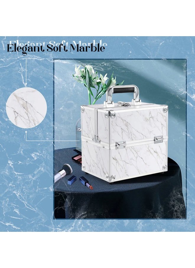 FRENESSA - Frenessa Marble Leather Makeup Train Case Portable Cosmetic Case 4 Trays Storage Organizer for Make Up Nail Tech Crafter Makeup Tools Cosmetic Case Marble - Image 1