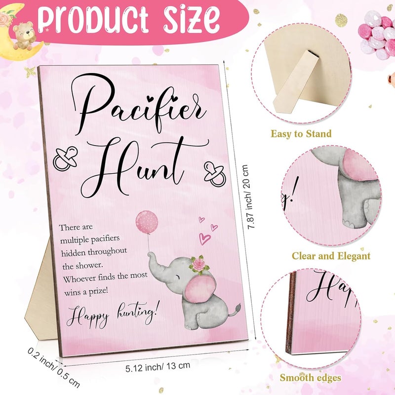 Roowest 51 Pcs Elephant Pacifier Hunt Baby Shower Game Include Wooden Pacifier Hunt Sign 50 Acrylic Pacifiers for Gender Reveal Party Games Favors SuppliesPink - Image 3