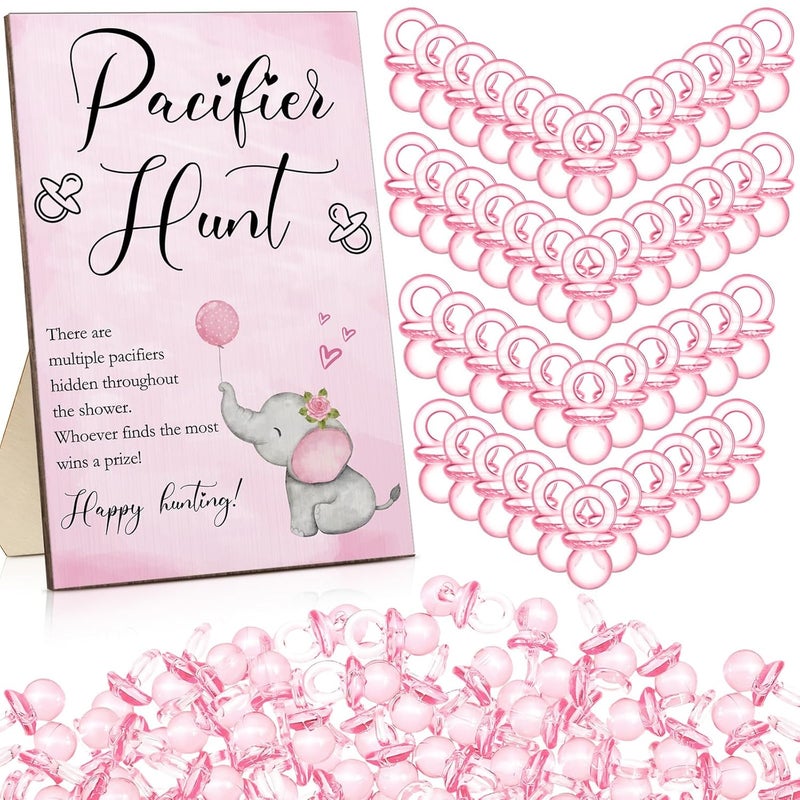 Roowest 51 Pcs Elephant Pacifier Hunt Baby Shower Game Include Wooden Pacifier Hunt Sign 50 Acrylic Pacifiers for Gender Reveal Party Games Favors SuppliesPink - Image 1