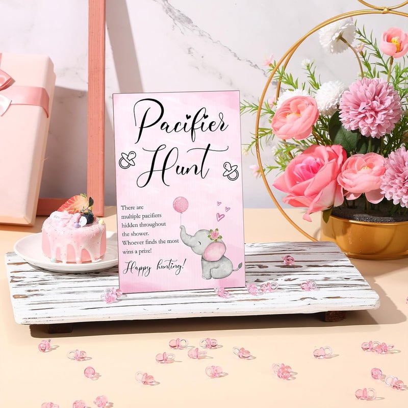 Roowest 51 Pcs Elephant Pacifier Hunt Baby Shower Game Include Wooden Pacifier Hunt Sign 50 Acrylic Pacifiers for Gender Reveal Party Games Favors SuppliesPink - Image 5