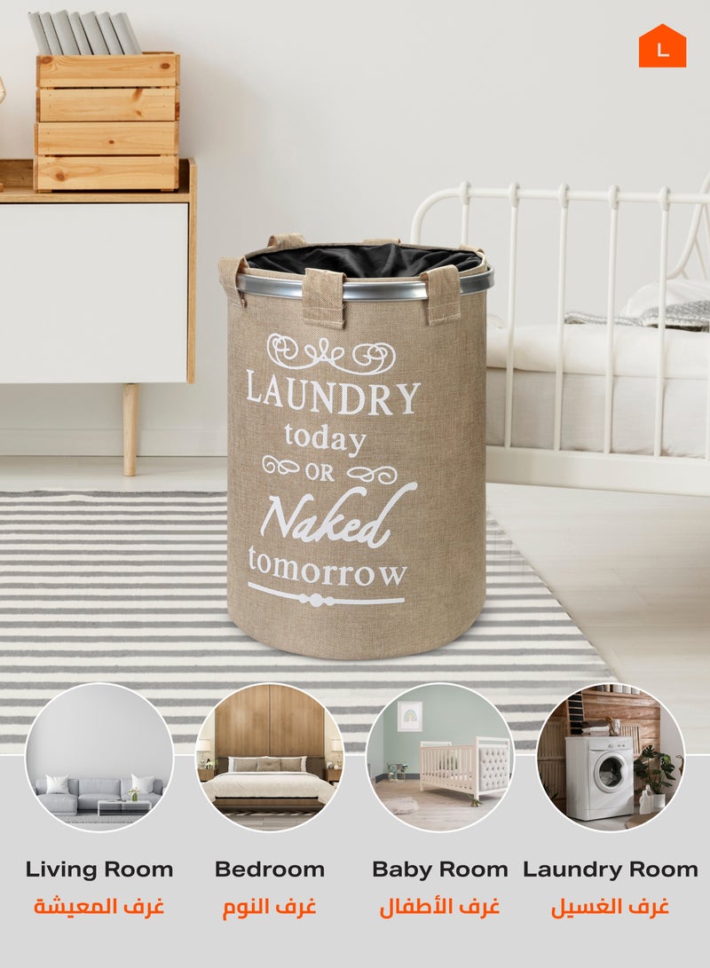 LAWAZIM Round Laundry Basket with Printed Letters-40x50cm Brown Storage Basket - Stylish and Durable Fabric Laundry Hamper for Organization and Decor Nursery Storage Closet Organizer Clothes Sorter - Image 5