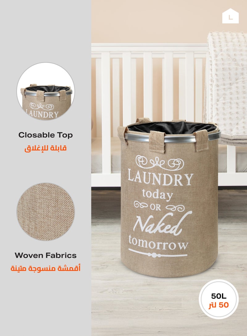LAWAZIM Round Laundry Basket with Printed Letters-40x50cm Brown Storage Basket - Stylish and Durable Fabric Laundry Hamper for Organization and Decor Nursery Storage Closet Organizer Clothes Sorter - Image 4