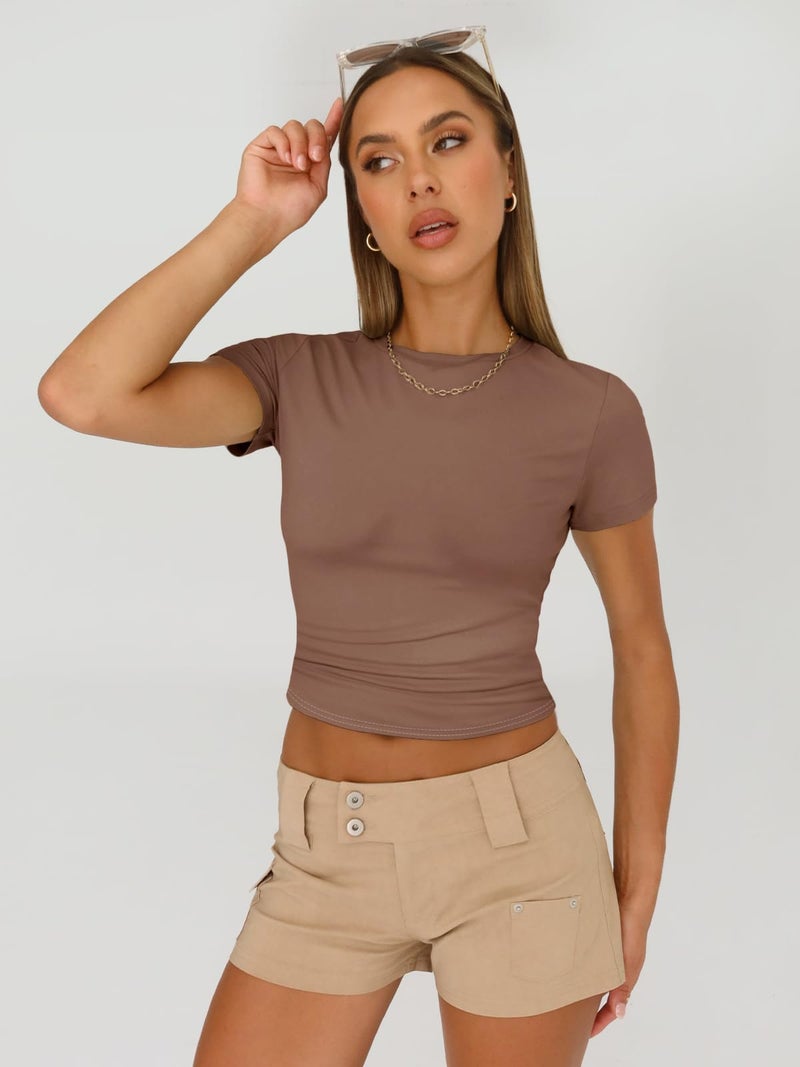 AUTOMET Womens 3 Piece Short Sleeve Shirts Basic Going Out Slim Fitted Crop Tops 2026 Summer Y2k Spring Clothes Black,White,Coffee L - Image 4