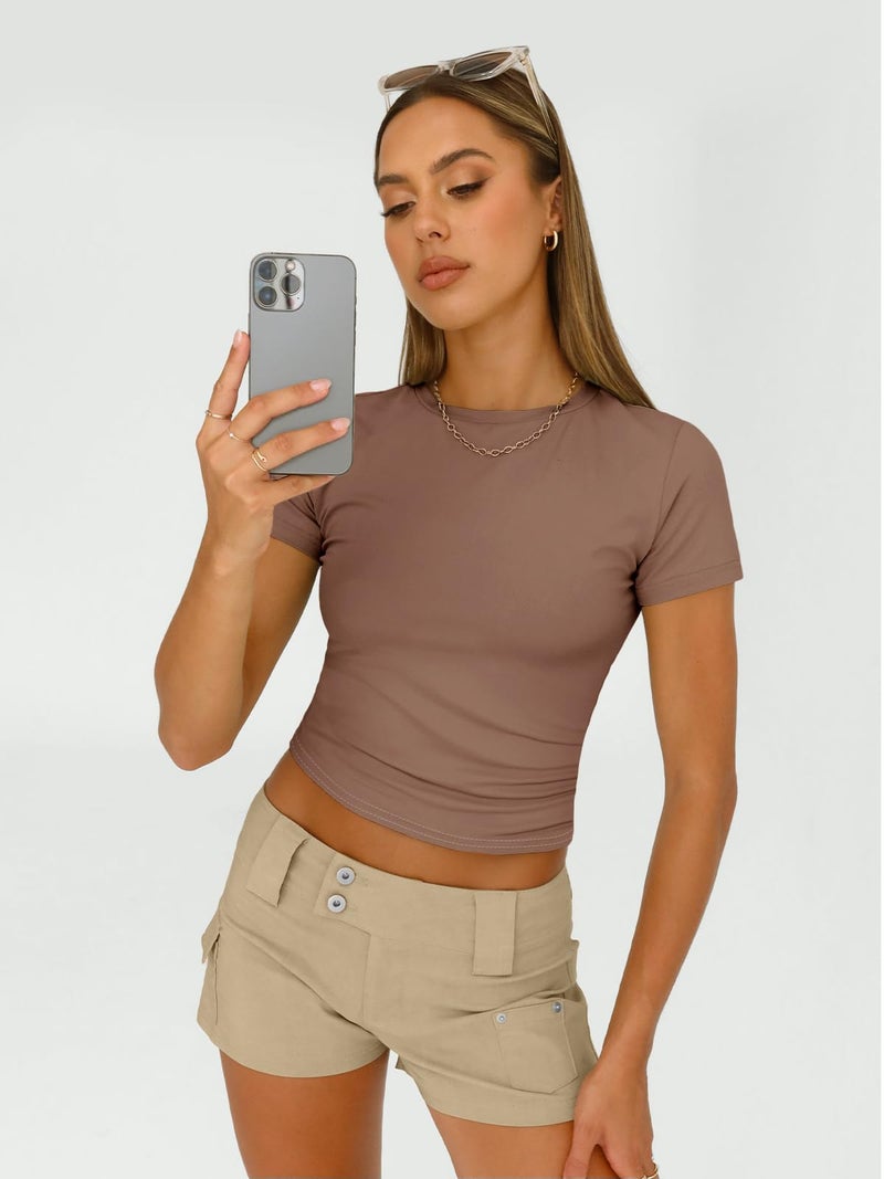 AUTOMET Womens 3 Piece Short Sleeve Shirts Basic Going Out Slim Fitted Crop Tops 2026 Summer Y2k Spring Clothes Black,White,Coffee L - Image 3