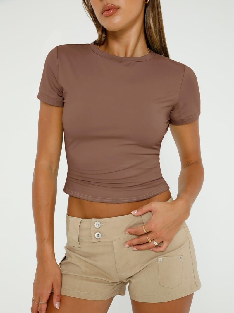 AUTOMET Womens 3 Piece Short Sleeve Shirts Basic Going Out Slim Fitted Crop Tops 2026 Summer Y2k Spring Clothes Black,White,Coffee L - Image 2