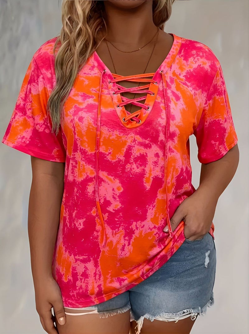 Oversized Tie-Dye Printed Short Sleeve T-Shirt for Women, Polyester Knit Fabric, Elegant Plus Size T-Shirt