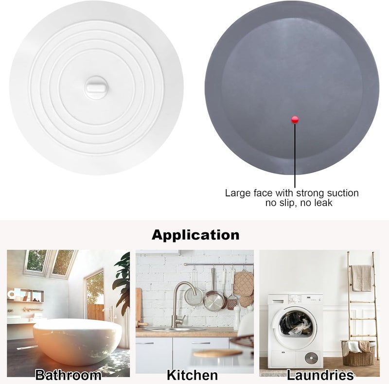 V-TOP Bathtub Drain Stopper 2 Pack, 5 inches Silicone Tub Stopper Shower Drain Cover, Bath Tub Plug Hair Stopper,Universal Flat Suction Renter Friendly Bath Accessories (White&Grey, 5 inch) - Image 2