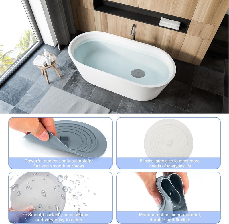 V-TOP Bathtub Drain Stopper 2 Pack, 5 inches Silicone Tub Stopper Shower Drain Cover, Bath Tub Plug Hair Stopper,Universal Flat Suction Renter Friendly Bath Accessories (White&Grey, 5 inch) - Image 4