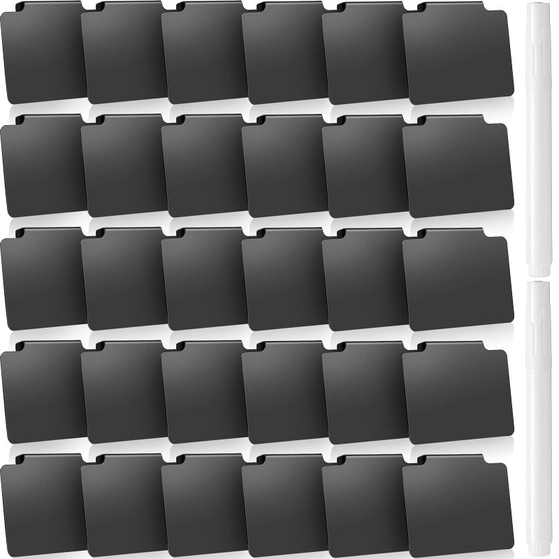 Chinco 32 Pieces Basket Labels Clip Set, Include 30 Pieces Kitchen Clip Label Holder Removable PVC Bin with 2 Pieces Chalk Marker for Basket Pantry Organization Box (Black Label Clip, White Pen) - Image 1